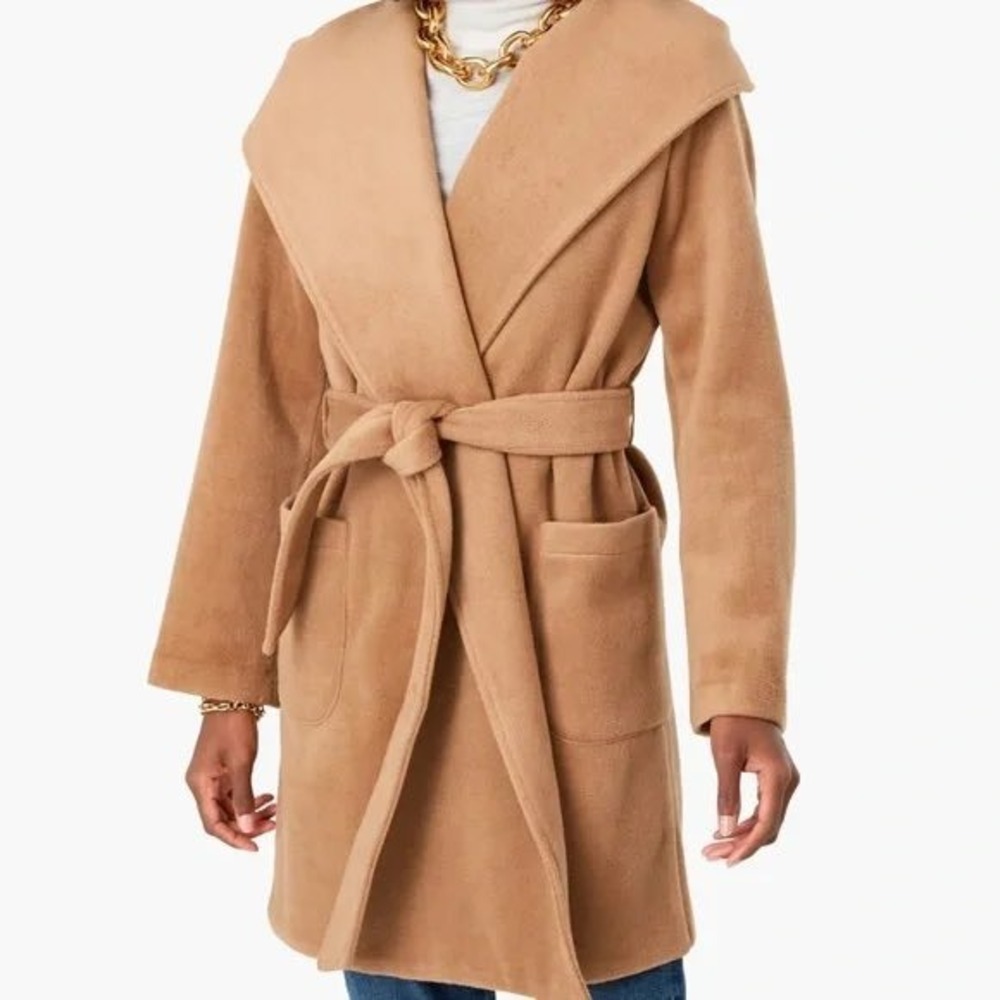 Tuckernuck Camel Wrap Coat Small Belted Hooded Open Front Pocket Jacket Chic